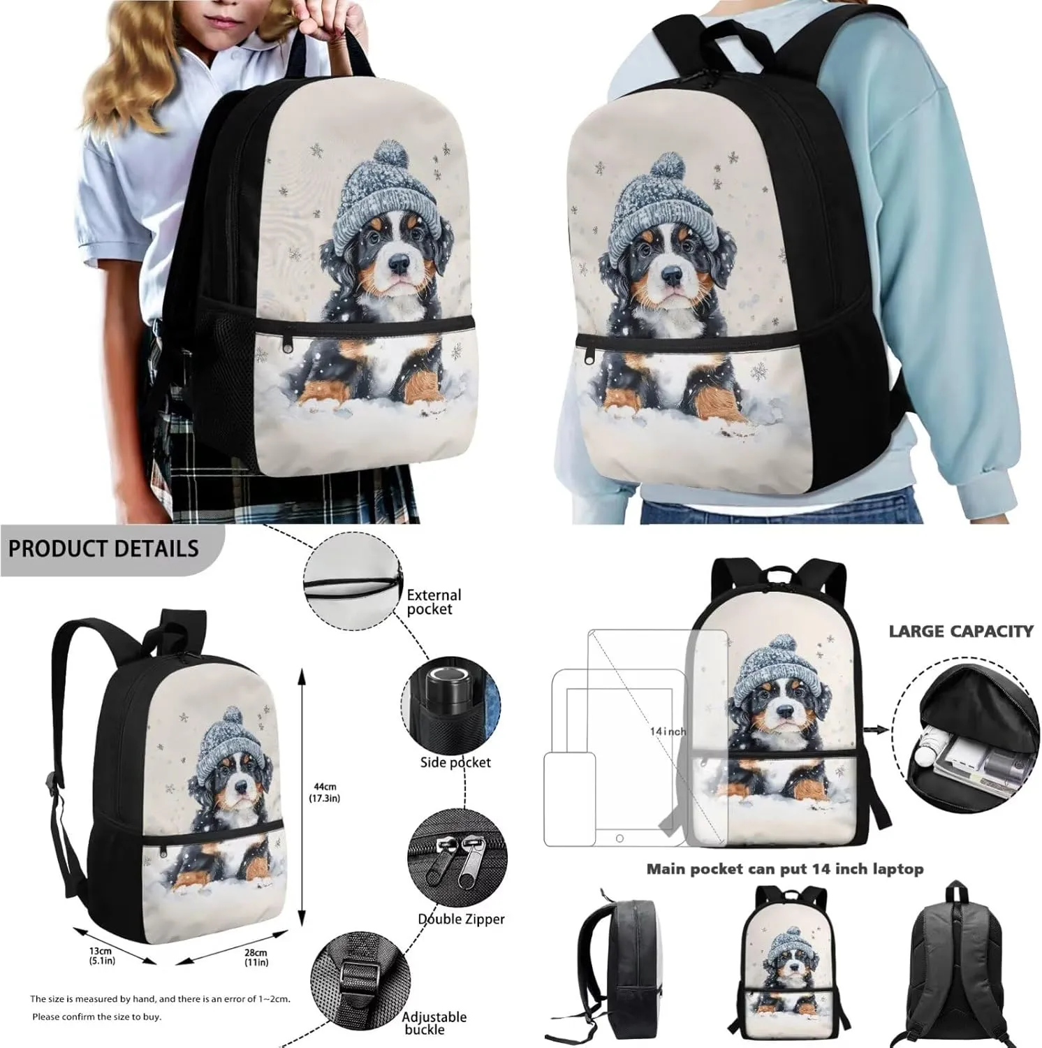 Poceacles 4 Pieces School Backpack Set with Stylish Rucksack Portable Insulated Lunch Bag Pencil Case Water Bottle Pouch, Comfortable Lightweight School Rucksack, Bernese Mountain Dog Creamy White