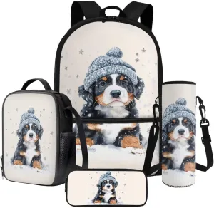 Poceacles 4 Pieces School Backpack Set with Stylish Rucksack Portable Insulated Lunch Bag Pencil Case Water Bottle Pouch, Comfortable Lightweight School Rucksack, Bernese Mountain Dog Creamy White
