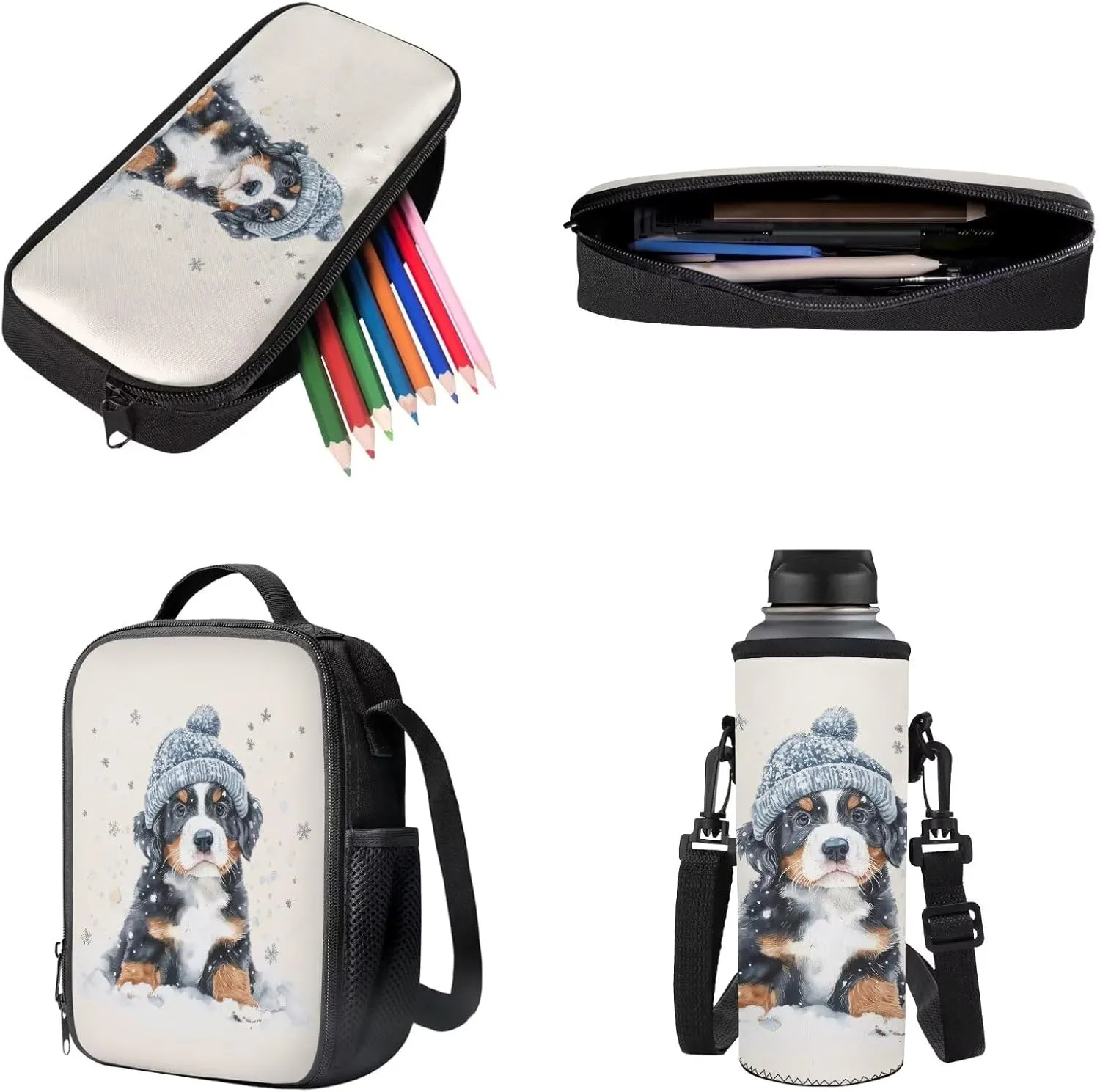 Poceacles 4 Pieces School Backpack Set with Stylish Rucksack Portable Insulated Lunch Bag Pencil Case Water Bottle Pouch, Comfortable Lightweight School Rucksack, Bernese Mountain Dog Creamy White