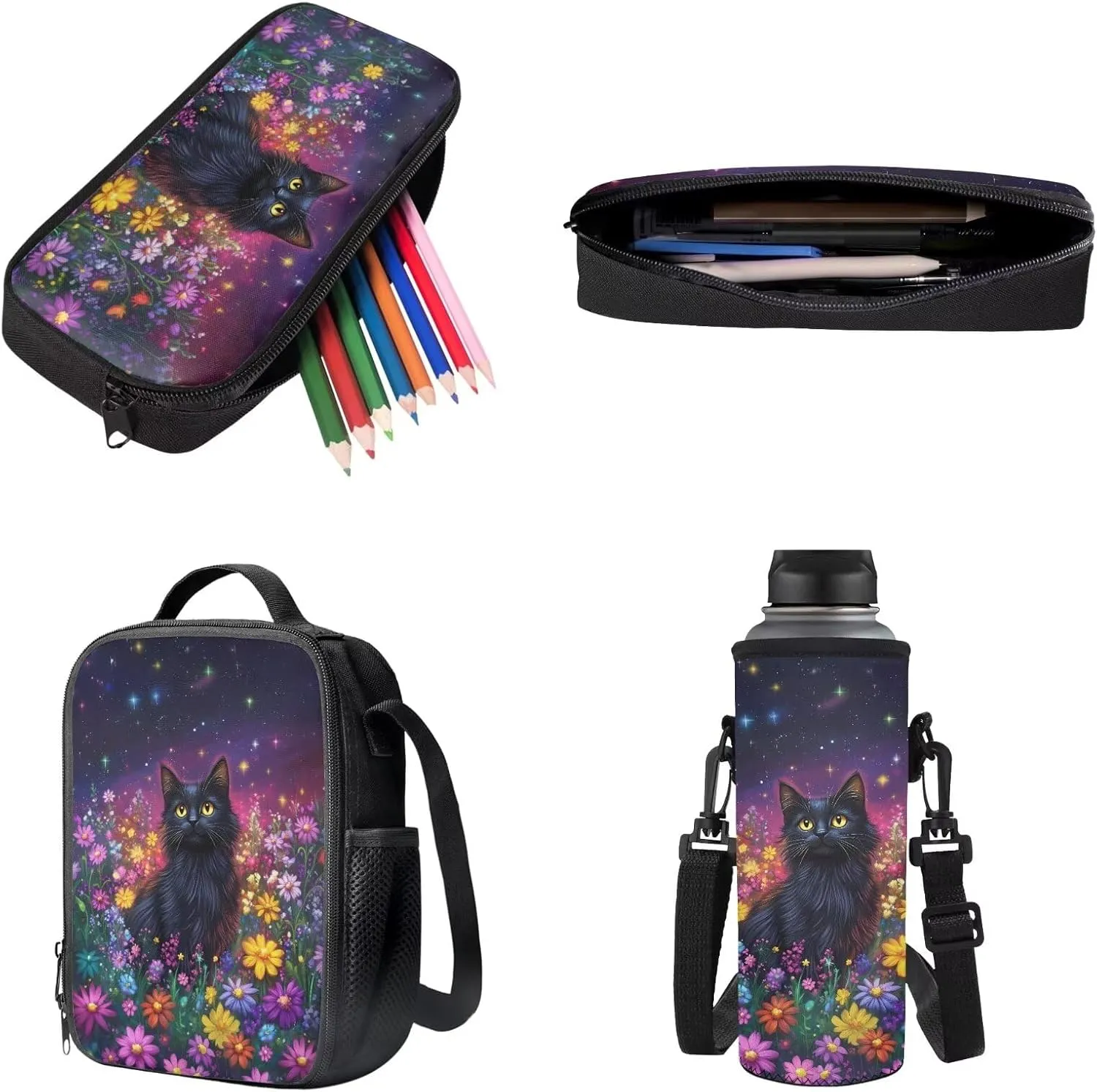Poceacles Childrens Backpack 4 Piece Schoolbag Set Including Lunchbag Water Bottle Carrier Bag Pencil Case Stylish Rucksack for Primary Secondary School College, Black Cat Daisy Flower Violet