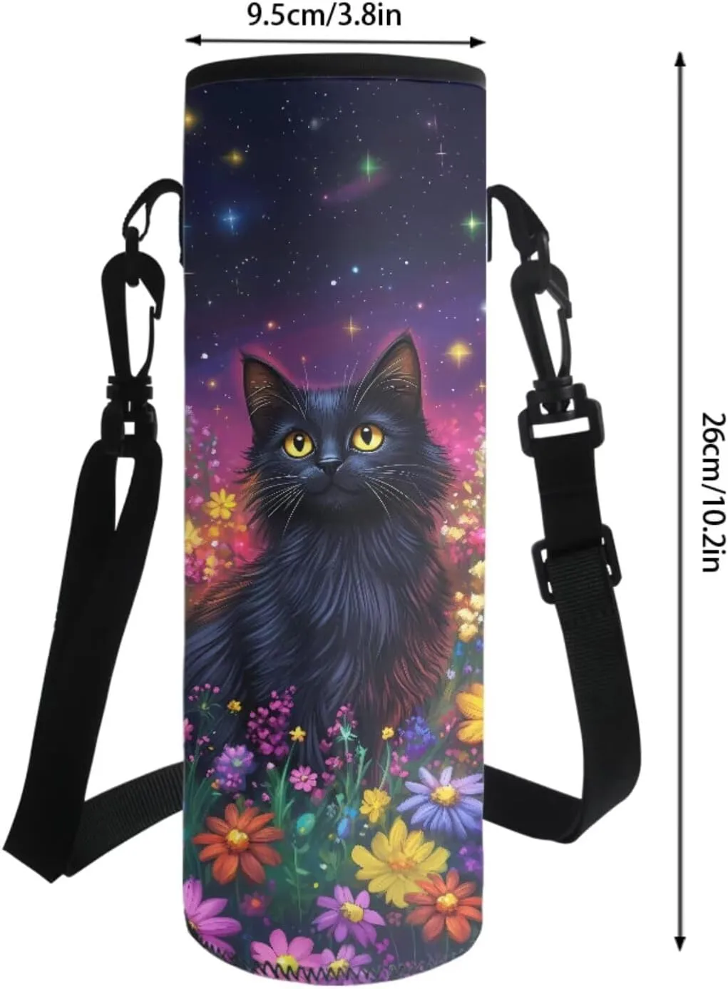 Poceacles Childrens Backpack 4 Piece Schoolbag Set Including Lunchbag Water Bottle Carrier Bag Pencil Case Stylish Rucksack for Primary Secondary School College, Black Cat Daisy Flower Violet