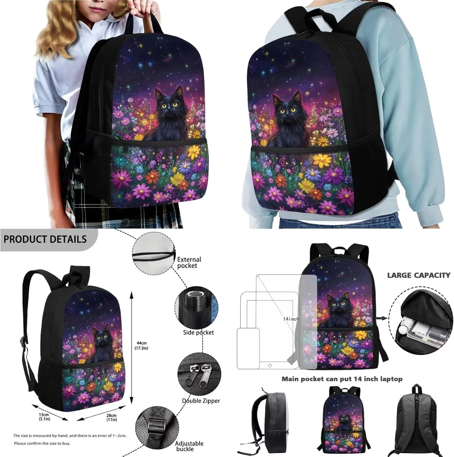 Poceacles Childrens Backpack 4 Piece Schoolbag Set Including Lunchbag Water Bottle Carrier Bag Pencil Case Stylish Rucksack for Primary Secondary School College, Black Cat Daisy Flower Violet