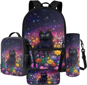 Poceacles Childrens Backpack 4 Piece Schoolbag Set Including Lunchbag Water Bottle Carrier Bag Pencil Case Stylish Rucksack for Primary Secondary School College, Black Cat Daisy Flower Violet