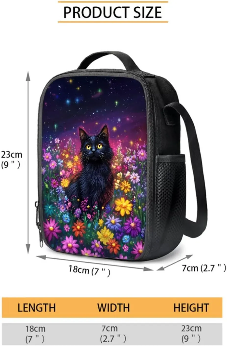 Poceacles Childrens Backpack 4 Piece Schoolbag Set Including Lunchbag Water Bottle Carrier Bag Pencil Case Stylish Rucksack for Primary Secondary School College, Black Cat Daisy Flower Violet