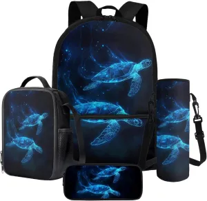 Poceacles Children's School Backpack Set of 4, Includes Backpack, Lunch Box Bag, Pencil Case, Water Bottle Carrier Rucksack Book Bag for Travel Vacation School, Blue Sea Turtle