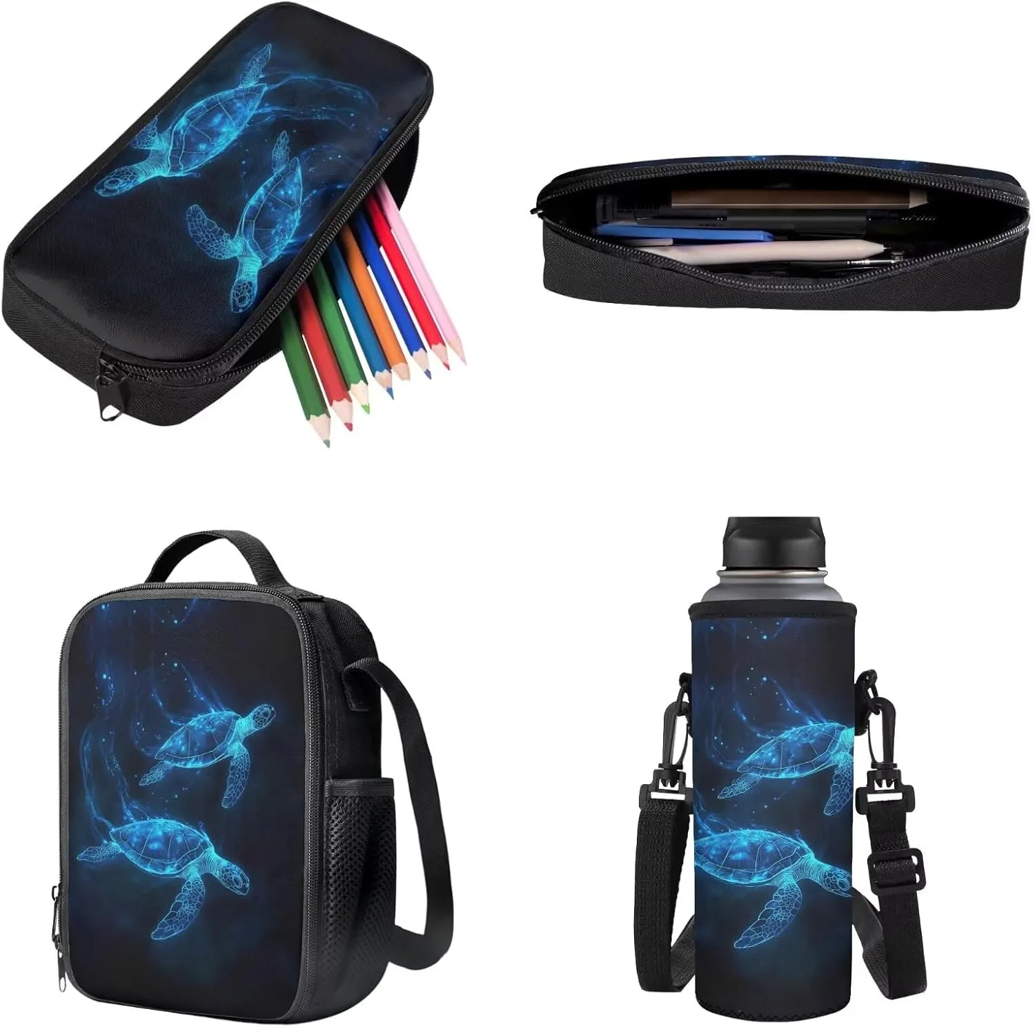 Poceacles Children's School Backpack Set of 4, Includes Backpack, Lunch Box Bag, Pencil Case, Water Bottle Carrier Rucksack Book Bag for Travel Vacation School, Blue Sea Turtle