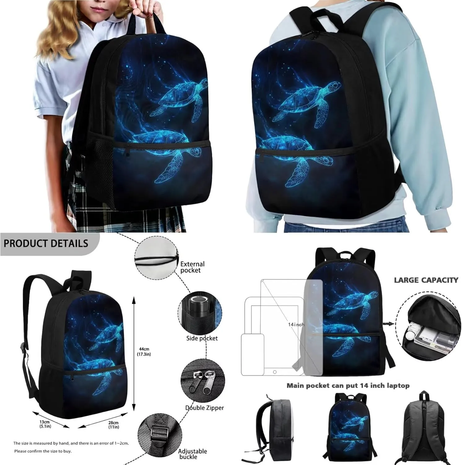 Poceacles Children's School Backpack Set of 4, Includes Backpack, Lunch Box Bag, Pencil Case, Water Bottle Carrier Rucksack Book Bag for Travel Vacation School, Blue Sea Turtle