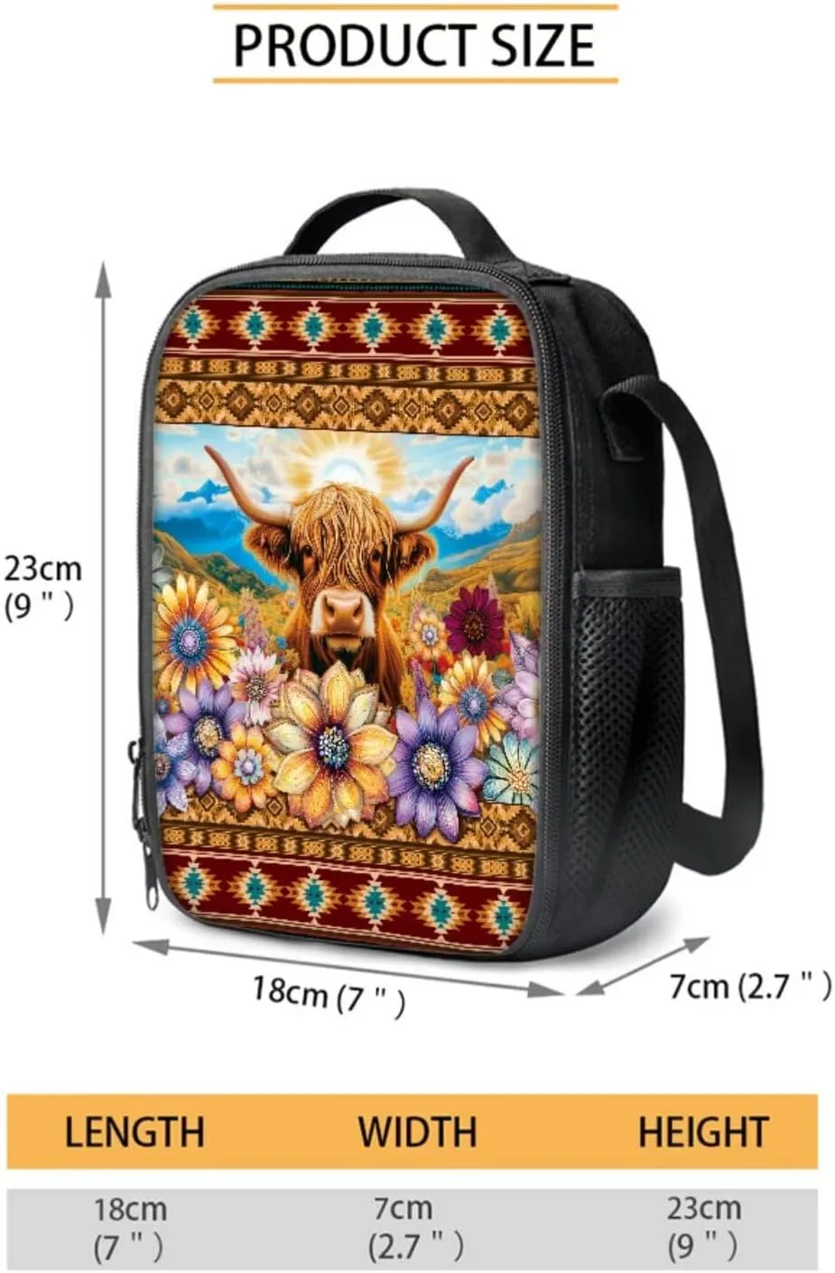 Poceacles Kids Backpack Set for School, Includes Schoolbag Insulated Lunch Bag Pencil Case Bottle Holder Bag, Elementary Primary Junior Middle School Bags Bookbag, Aztec Highland Cow Flower