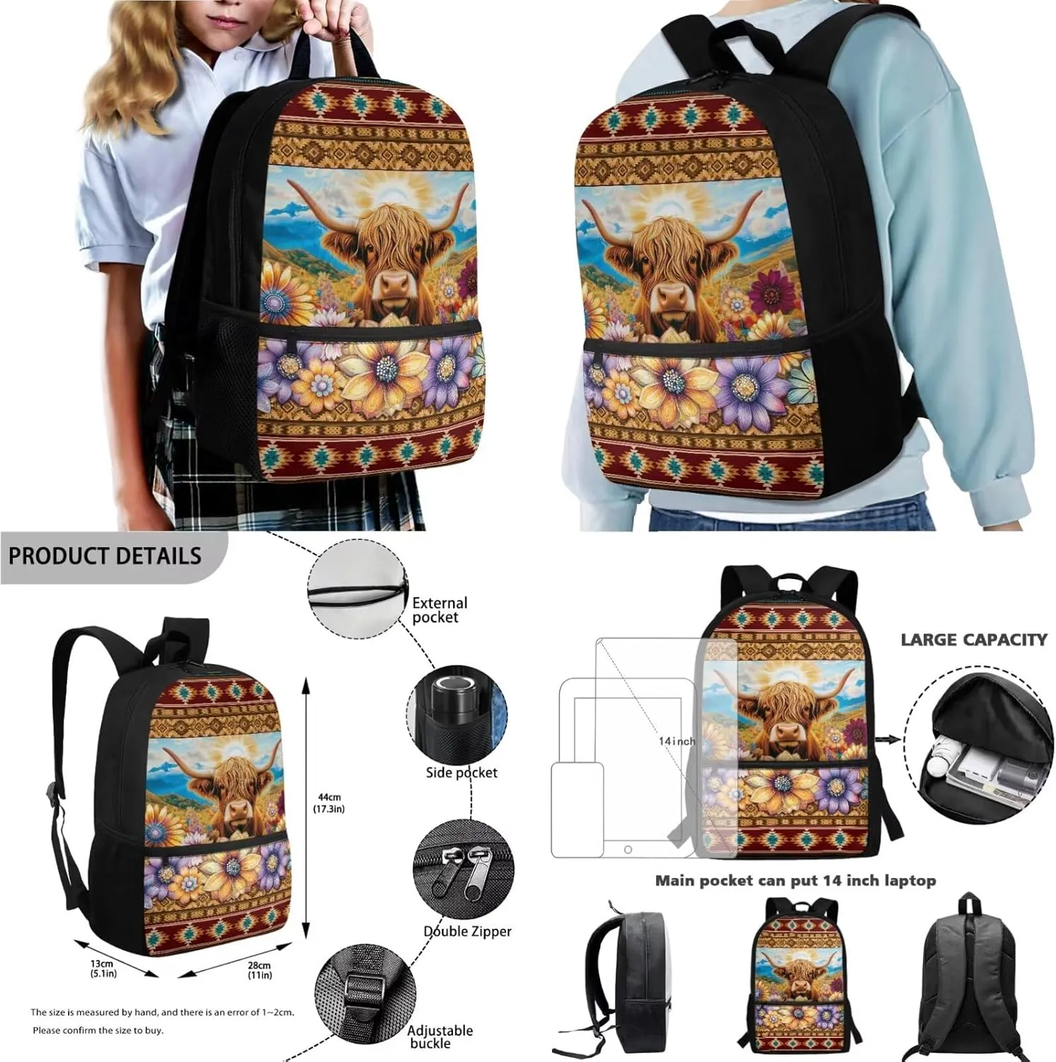 Poceacles Kids Backpack Set for School, Includes Schoolbag Insulated Lunch Bag Pencil Case Bottle Holder Bag, Elementary Primary Junior Middle School Bags Bookbag, Aztec Highland Cow Flower
