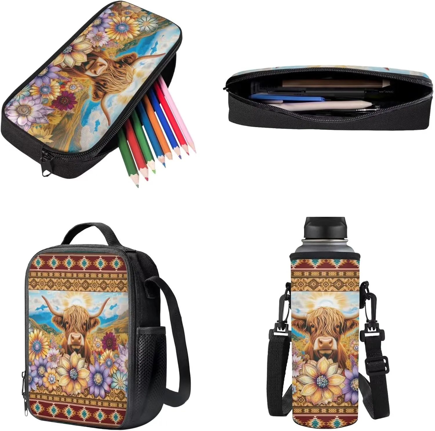 Poceacles Kids Backpack Set for School, Includes Schoolbag Insulated Lunch Bag Pencil Case Bottle Holder Bag, Elementary Primary Junior Middle School Bags Bookbag, Aztec Highland Cow Flower
