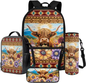 Poceacles Kids Backpack Set for School, Includes Schoolbag Insulated Lunch Bag Pencil Case Bottle Holder Bag, Elementary Primary Junior Middle School Bags Bookbag, Aztec Highland Cow Flower