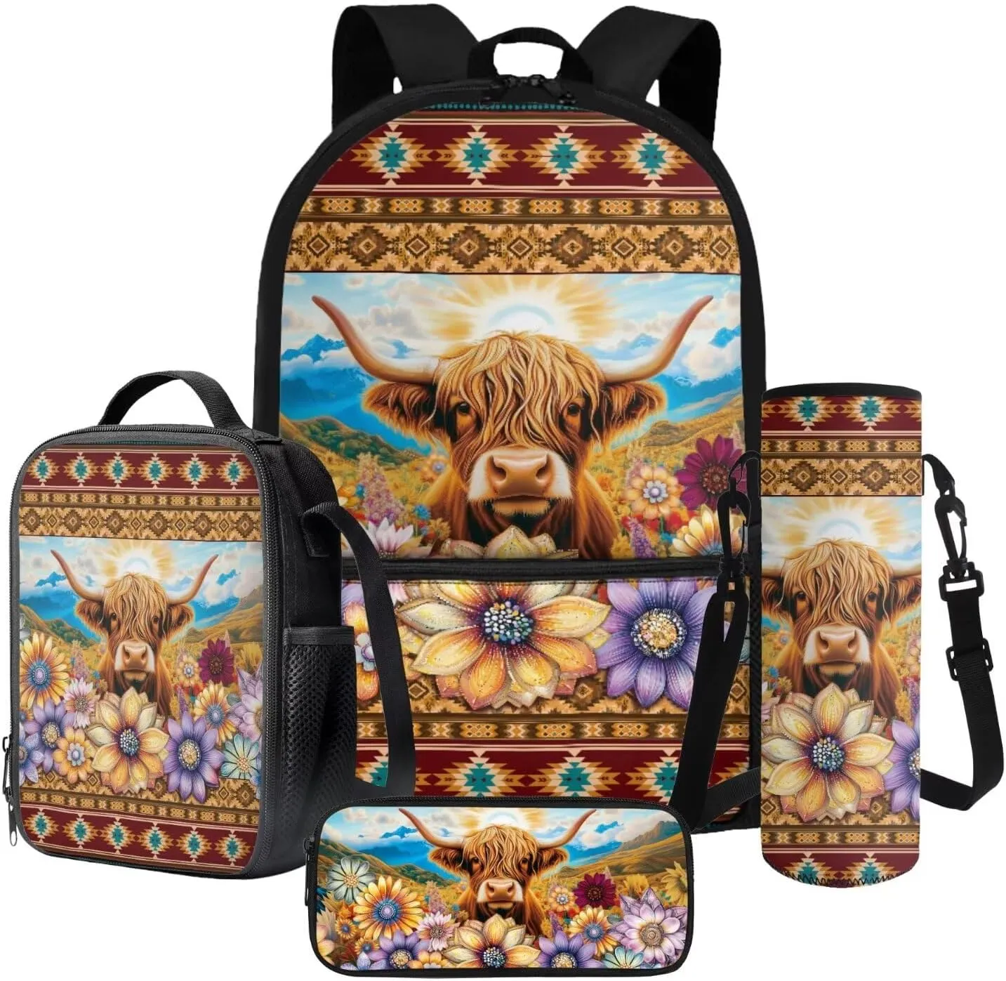 Poceacles Kids Backpack Set for School, Includes Schoolbag Insulated Lunch Bag Pencil Case Bottle Holder Bag, Elementary Primary Junior Middle School Bags Bookbag, Aztec Highland Cow Flower