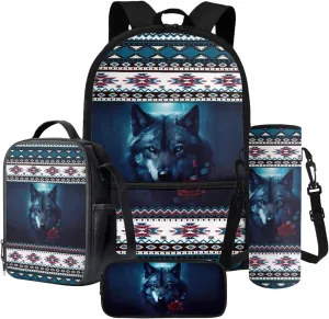 Poceacles Kids Backpack Set for School, Includes Schoolbag with Front Pocket, Insulated Lunch Bag, Pencil Case, Water Bottle Holder for Girls Boys, Fits 14 Inches Laptop, Aztec Wolf Rose