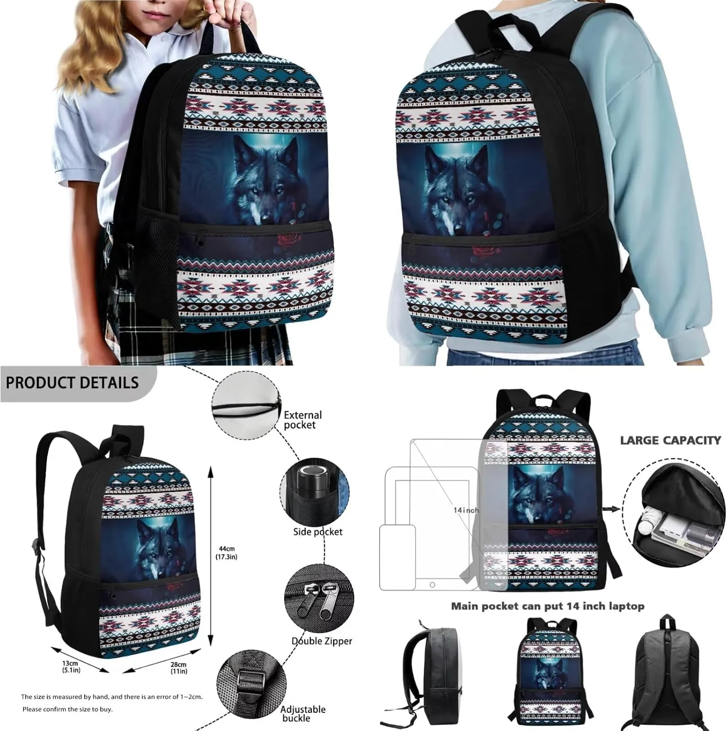 Poceacles Kids Backpack Set for School, Includes Schoolbag with Front Pocket, Insulated Lunch Bag, Pencil Case, Water Bottle Holder for Girls Boys, Fits 14 Inches Laptop, Aztec Wolf Rose
