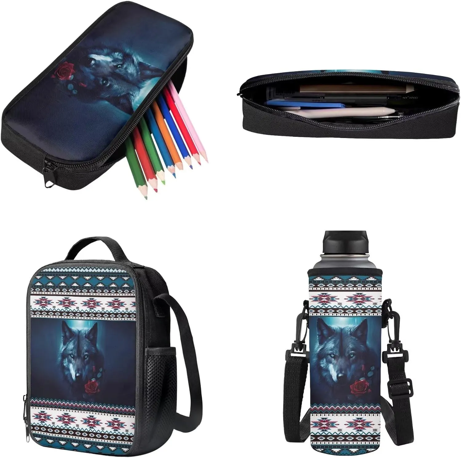 Poceacles Kids Backpack Set for School, Includes Schoolbag with Front Pocket, Insulated Lunch Bag, Pencil Case, Water Bottle Holder for Girls Boys, Fits 14 Inches Laptop, Aztec Wolf Rose
