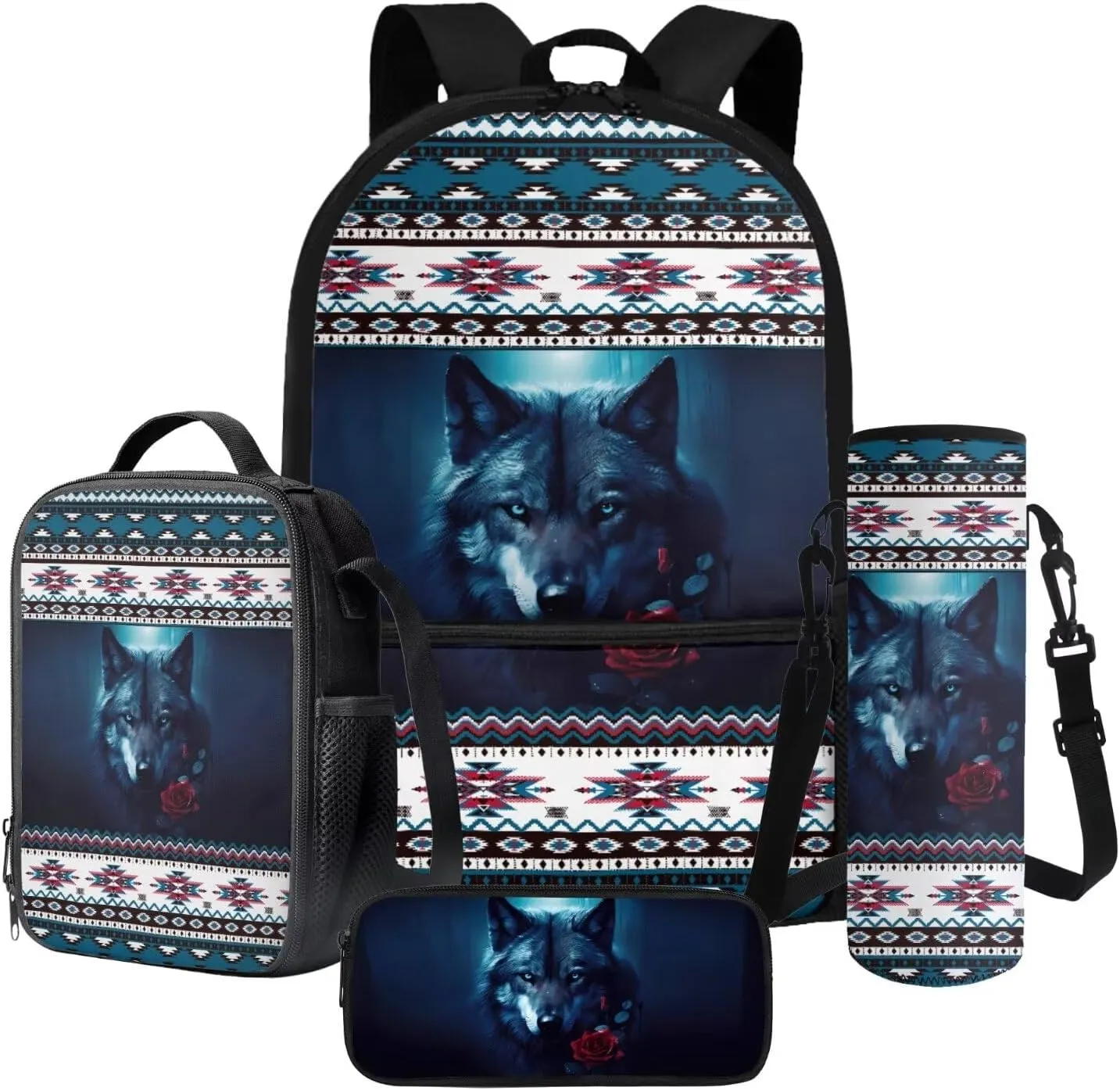 Poceacles Kids Backpack Set for School, Includes Schoolbag with Front Pocket, Insulated Lunch Bag, Pencil Case, Water Bottle Holder for Girls Boys, Fits 14 Inches Laptop, Aztec Wolf Rose
