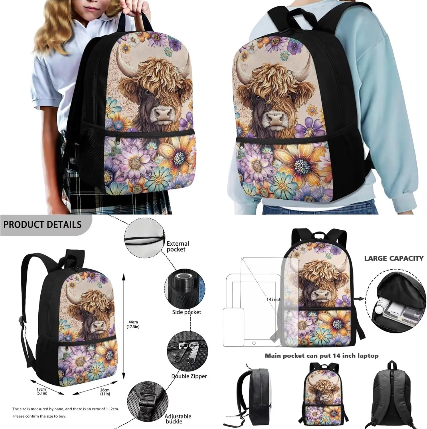 Poceacles Kids Backpack Set for School Travel, 4-Piece Sets Including Lightweight Rucksack, Lunch Bag, Pencil Case, Bottle Bag, for Students Teenagers Adults, Bohemia Highland Cow Flower