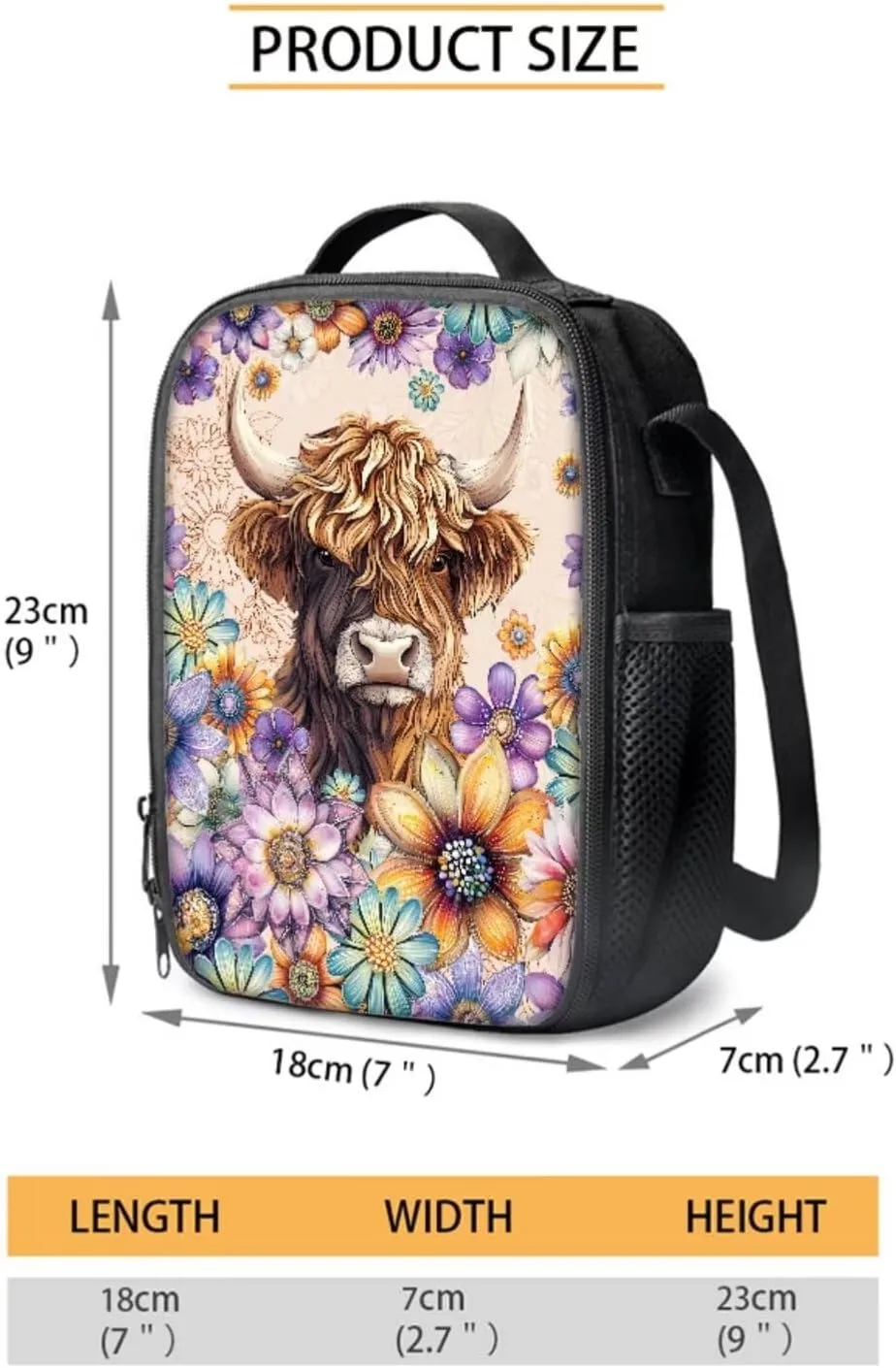 Poceacles Kids Backpack Set for School Travel, 4-Piece Sets Including Lightweight Rucksack, Lunch Bag, Pencil Case, Bottle Bag, for Students Teenagers Adults, Bohemia Highland Cow Flower