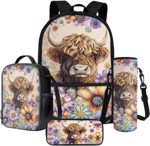Poceacles Kids Backpack Set for School Travel, 4-Piece Sets Including Lightweight Rucksack, Lunch Bag, Pencil Case, Bottle Bag, for Students Teenagers Adults, Bohemia Highland Cow Flower