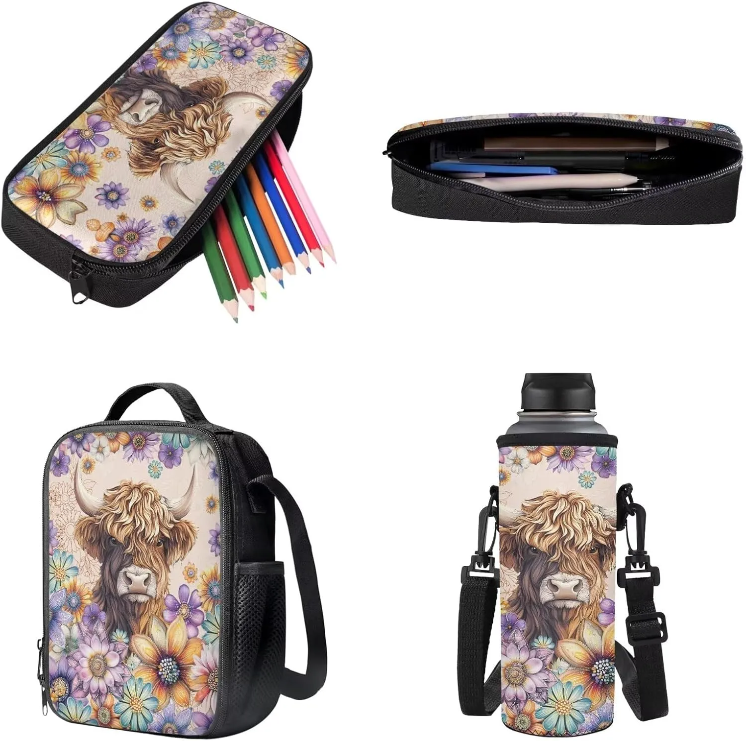 Poceacles Kids Backpack Set for School Travel, 4-Piece Sets Including Lightweight Rucksack, Lunch Bag, Pencil Case, Bottle Bag, for Students Teenagers Adults, Bohemia Highland Cow Flower