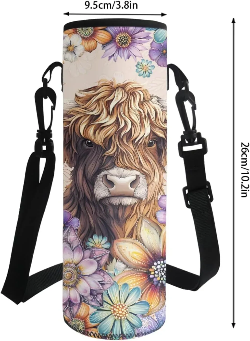 Poceacles Kids Backpack Set for School Travel, 4-Piece Sets Including Lightweight Rucksack, Lunch Bag, Pencil Case, Bottle Bag, for Students Teenagers Adults, Bohemia Highland Cow Flower
