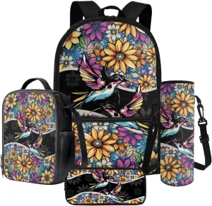 Poceacles Kids Bookbag Set 4-Piece Set for Kids, School Backpack with Insulated Lunchbag Pencil Case Water Bottle Holder for Primary School Children, Fits 14" Laptop, Boho Hummingbird Flower