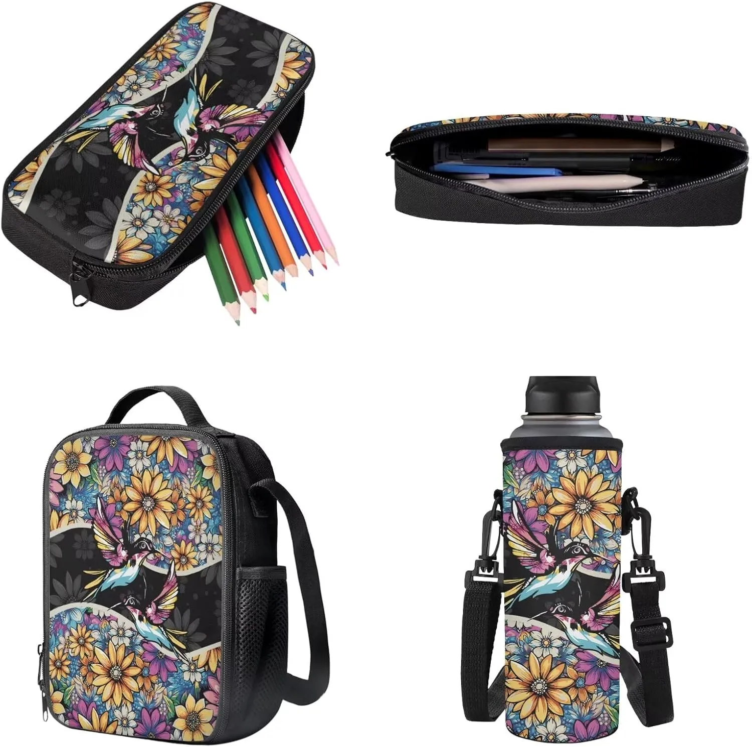 Poceacles Kids Bookbag Set 4-Piece Set for Kids, School Backpack with Insulated Lunchbag Pencil Case Water Bottle Holder for Primary School Children, Fits 14" Laptop, Boho Hummingbird Flower