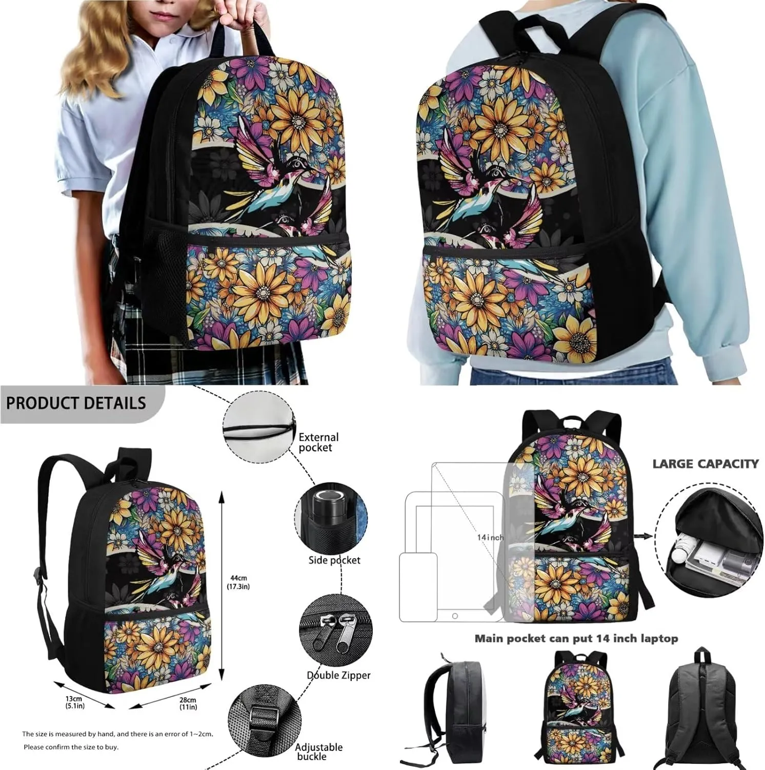 Poceacles Kids Bookbag Set 4-Piece Set for Kids, School Backpack with Insulated Lunchbag Pencil Case Water Bottle Holder for Primary School Children, Fits 14" Laptop, Boho Hummingbird Flower