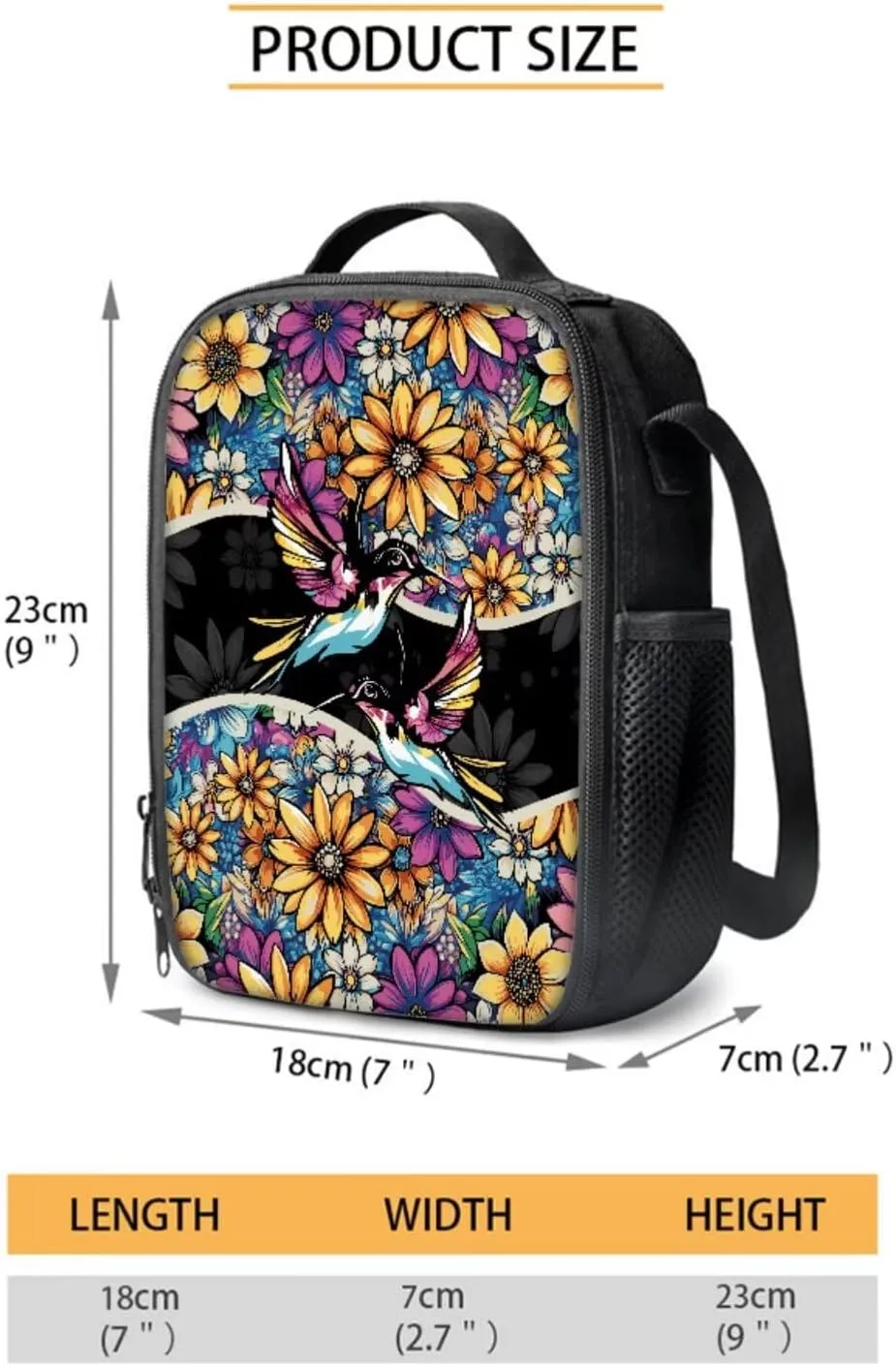 Poceacles Kids Bookbag Set 4-Piece Set for Kids, School Backpack with Insulated Lunchbag Pencil Case Water Bottle Holder for Primary School Children, Fits 14" Laptop, Boho Hummingbird Flower