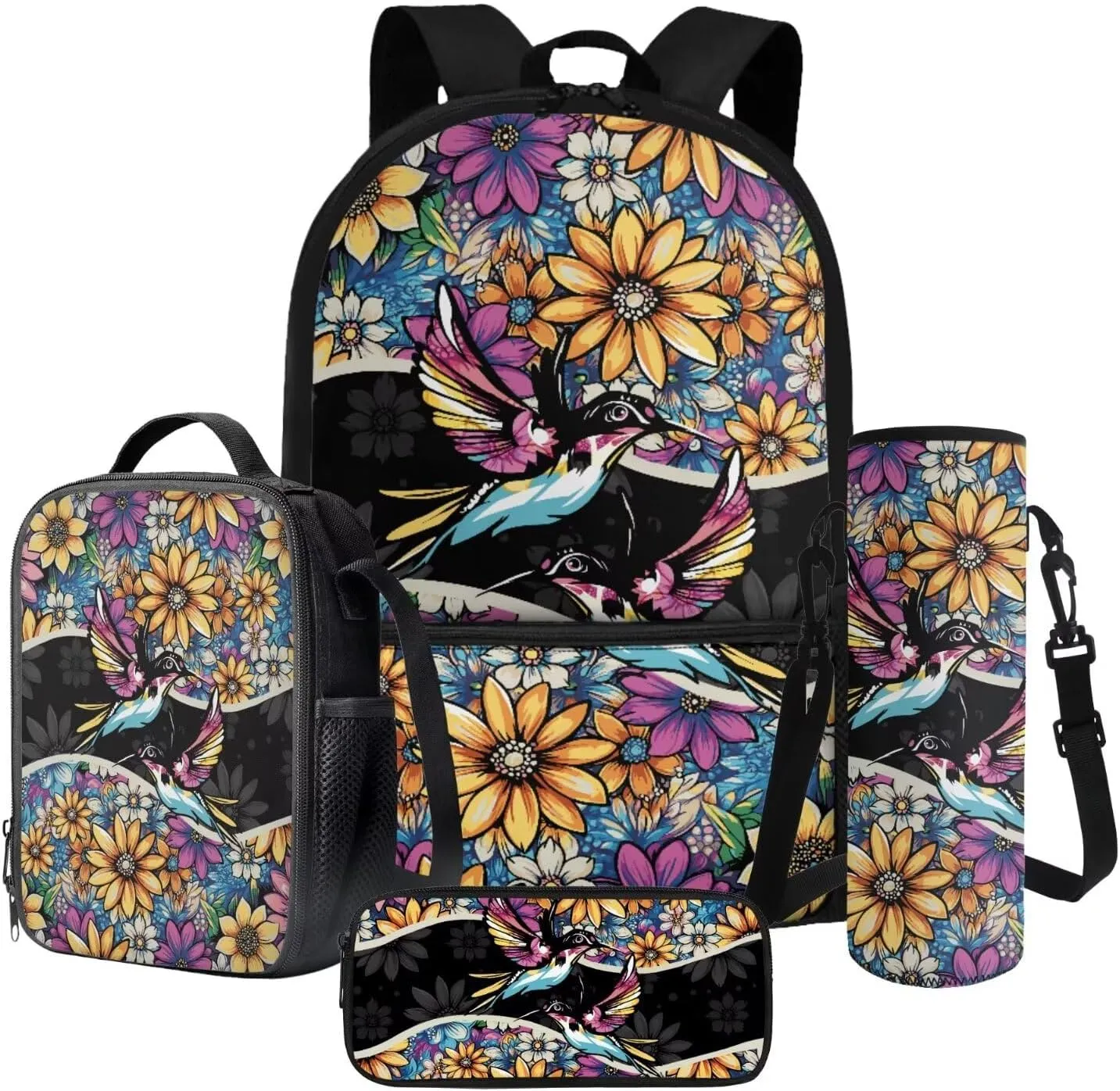 Poceacles Kids Bookbag Set 4-Piece Set for Kids, School Backpack with Insulated Lunchbag Pencil Case Water Bottle Holder for Primary School Children, Fits 14" Laptop, Boho Hummingbird Flower