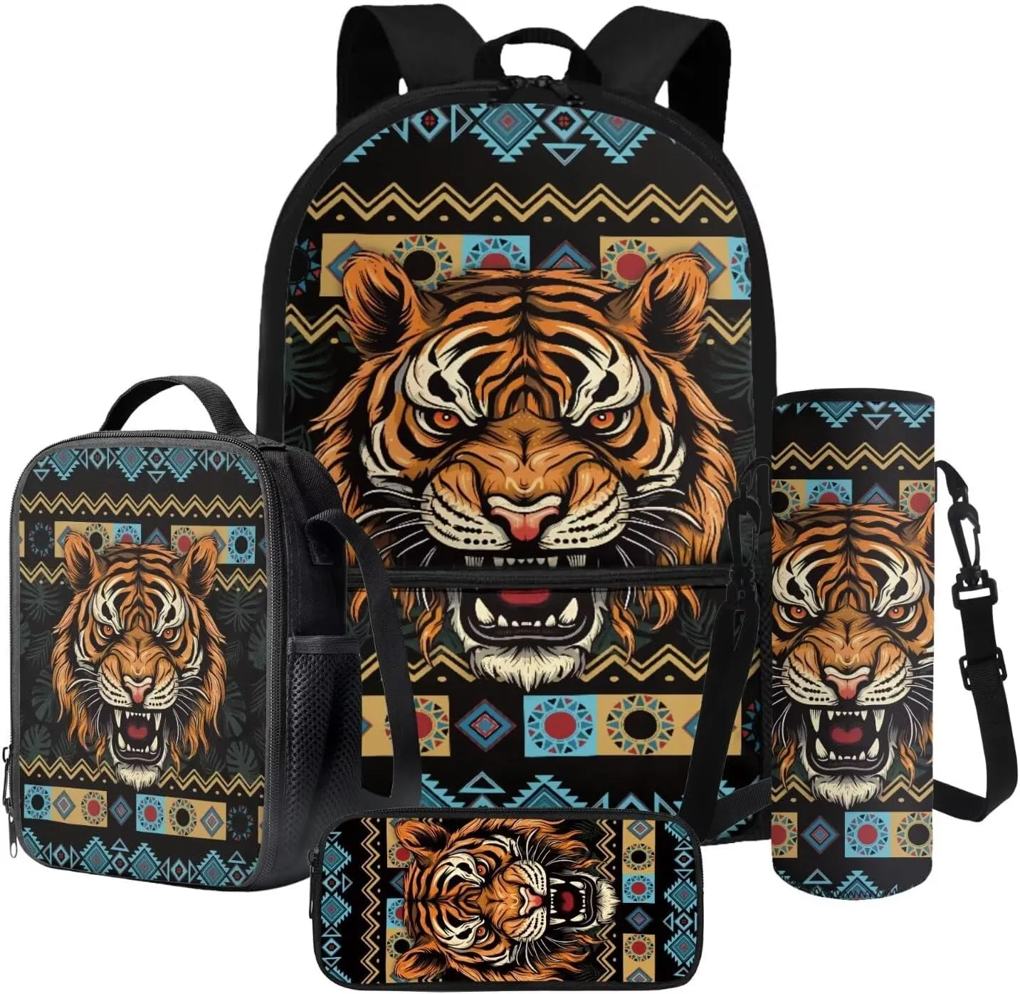 Poceacles Kids School Backpack 4 Piece Set with Lunchbag Pencil Case Water Bottle Carrier Teens Boys Girls Rucksack Book Bag School Supplies Essentials for Primary Secondary Students, Aztec Tiger
