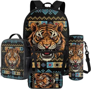 Poceacles Kids School Backpack 4 Piece Set with Lunchbag Pencil Case Water Bottle Carrier Teens Boys Girls Rucksack Book Bag School Supplies Essentials for Primary Secondary Students, Aztec Tiger