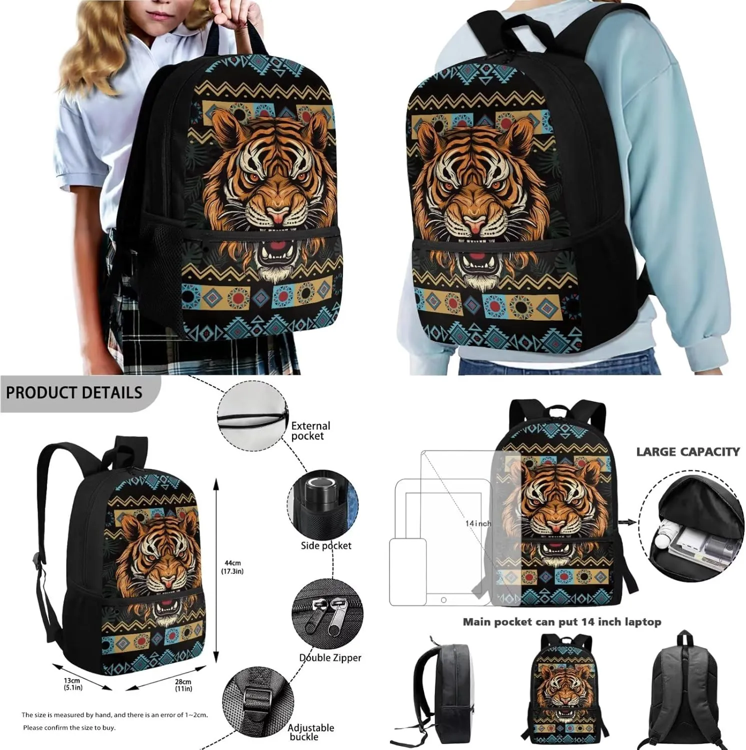 Poceacles Kids School Backpack 4 Piece Set with Lunchbag Pencil Case Water Bottle Carrier Teens Boys Girls Rucksack Book Bag School Supplies Essentials for Primary Secondary Students, Aztec Tiger