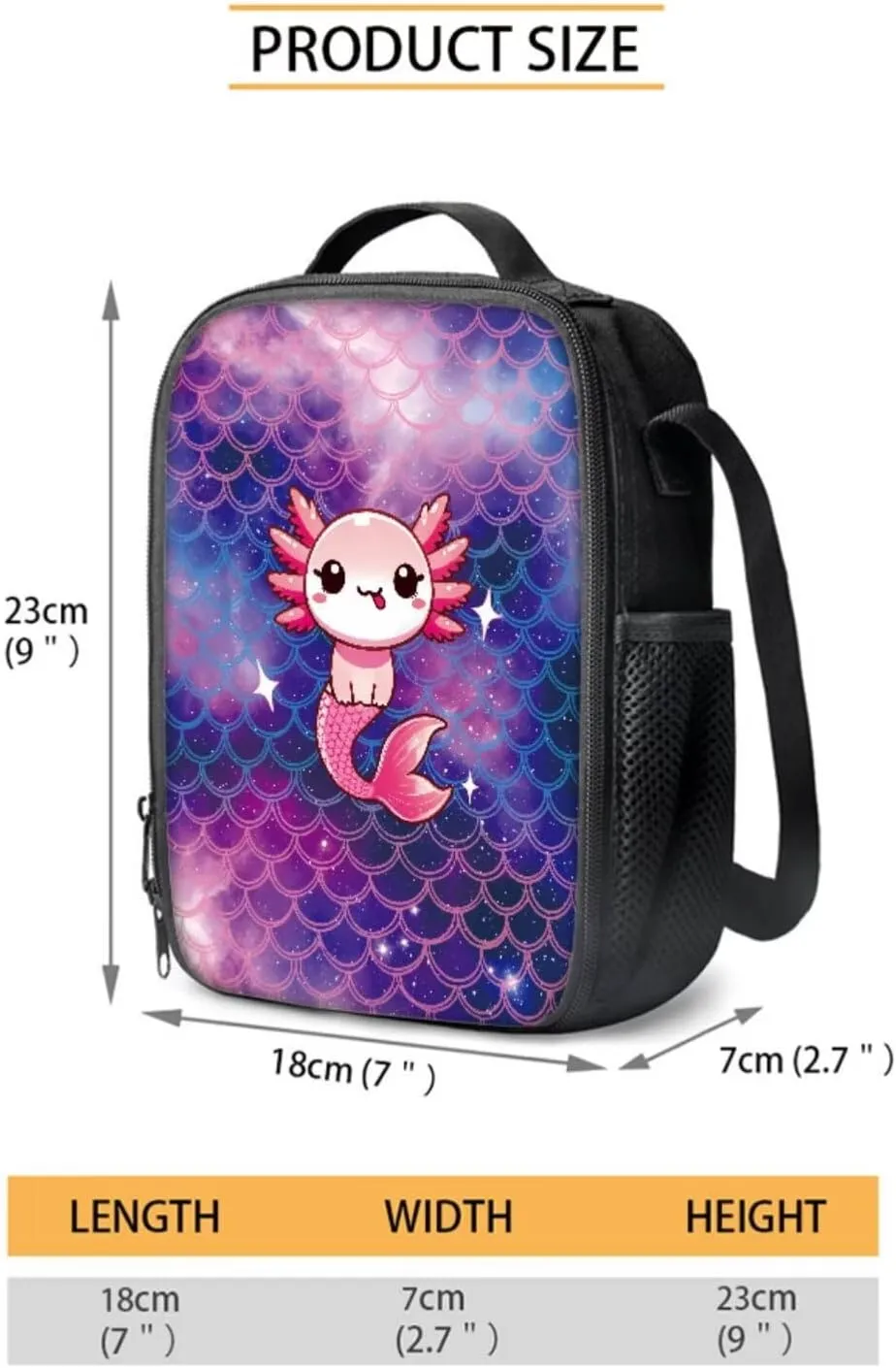 Poceacles School Backpack Set 4 Pieces Kids School Bag Set with Lunchbag Pencil Case Water Bottle Sleeve Comfortable Rucksack Fits 14 Inch Laptop, Cute Axolotl Mermaid Scale Violet Star
