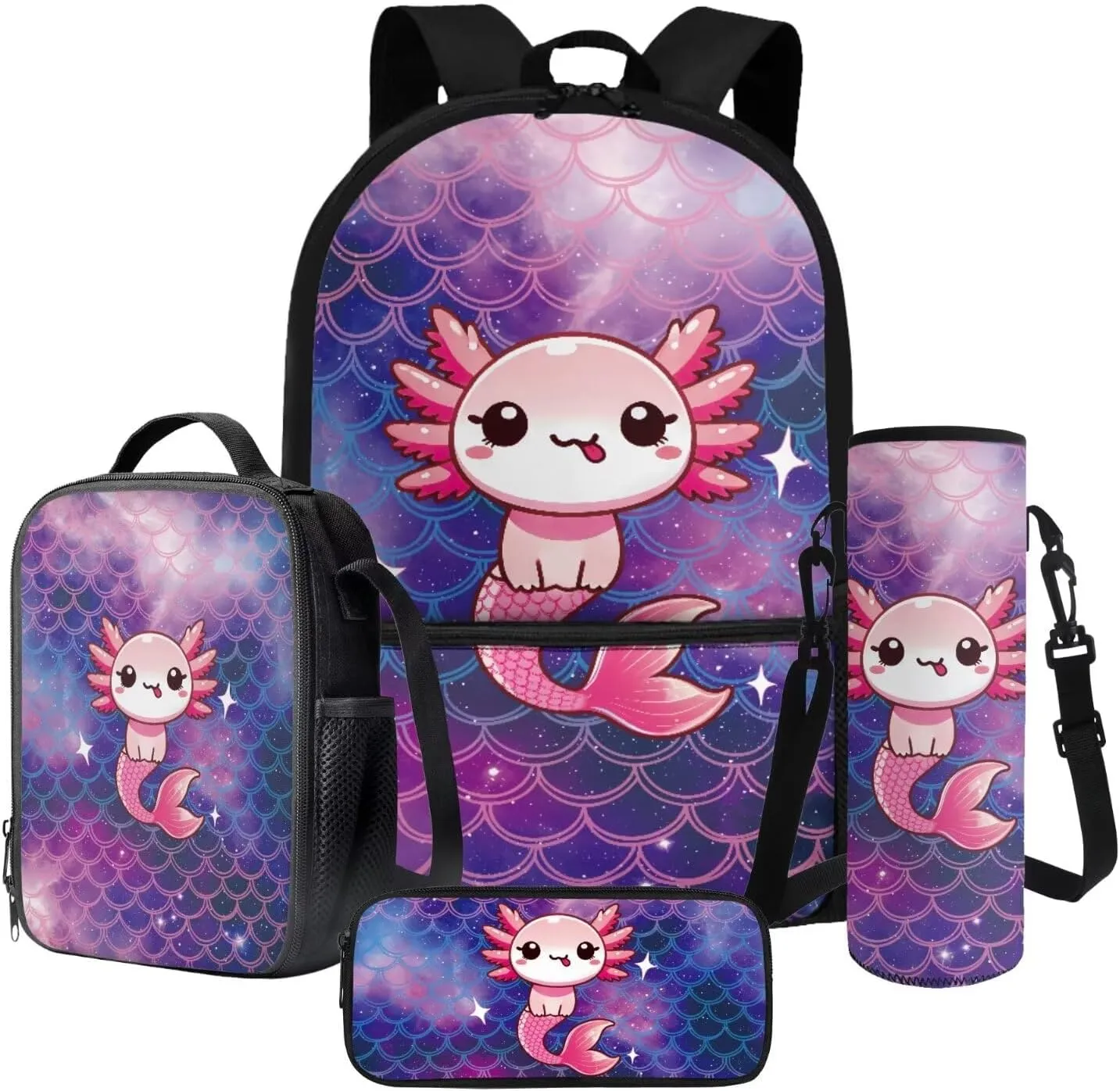 Poceacles School Backpack Set 4 Pieces Kids School Bag Set with Lunchbag Pencil Case Water Bottle Sleeve Comfortable Rucksack Fits 14 Inch Laptop, Cute Axolotl Mermaid Scale Violet Star