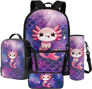 Poceacles School Backpack Set 4 Pieces Kids School Bag Set with Lunchbag Pencil Case Water Bottle Sleeve Comfortable Rucksack Fits 14 Inch Laptop, Cute Axolotl Mermaid Scale Violet Star