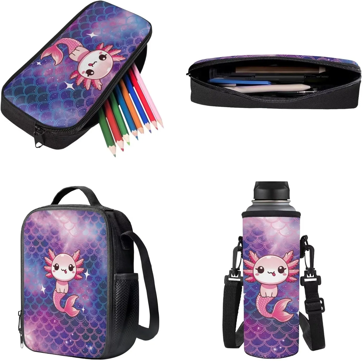 Poceacles School Backpack Set 4 Pieces Kids School Bag Set with Lunchbag Pencil Case Water Bottle Sleeve Comfortable Rucksack Fits 14 Inch Laptop, Cute Axolotl Mermaid Scale Violet Star