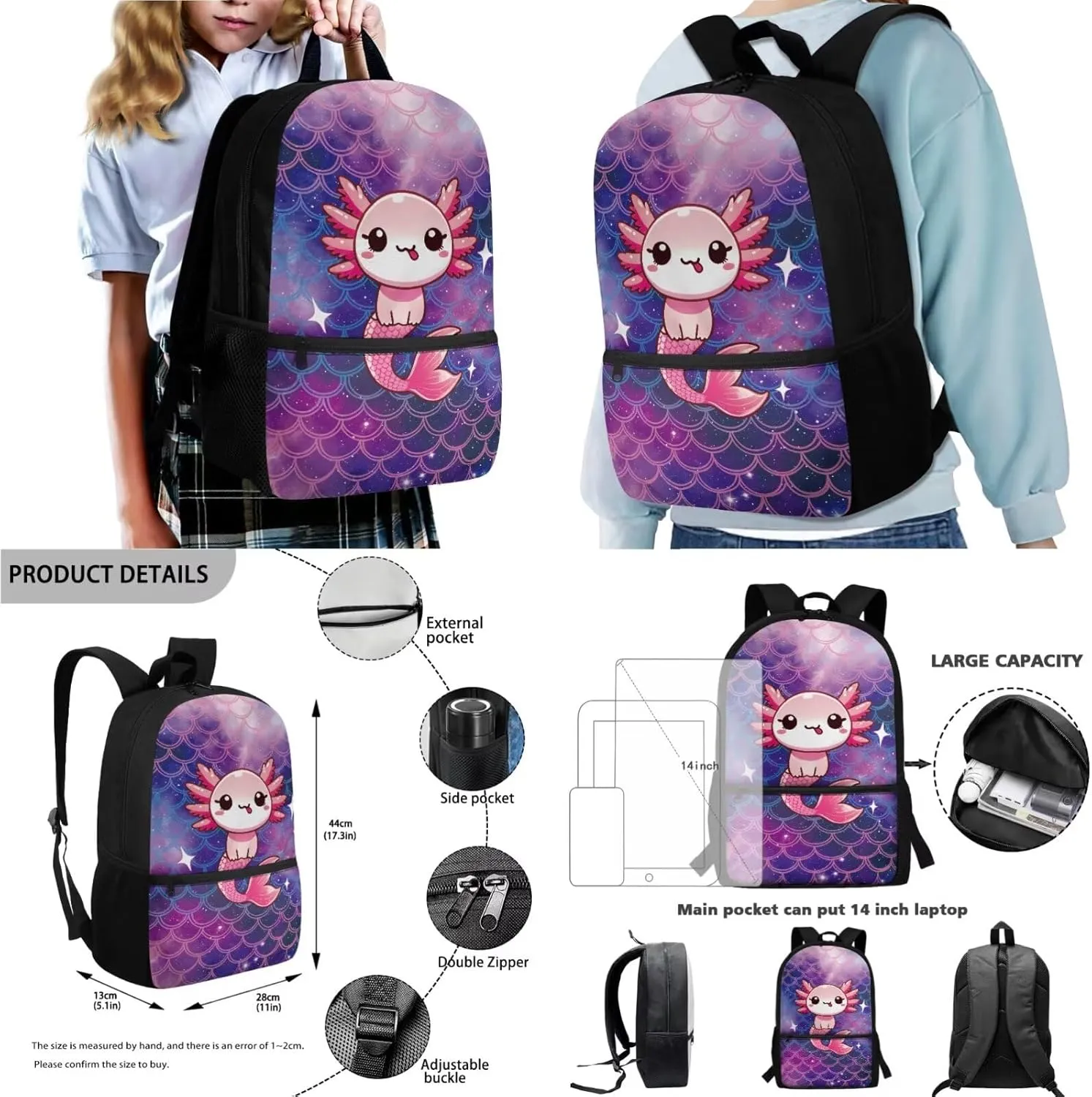 Poceacles School Backpack Set 4 Pieces Kids School Bag Set with Lunchbag Pencil Case Water Bottle Sleeve Comfortable Rucksack Fits 14 Inch Laptop, Cute Axolotl Mermaid Scale Violet Star