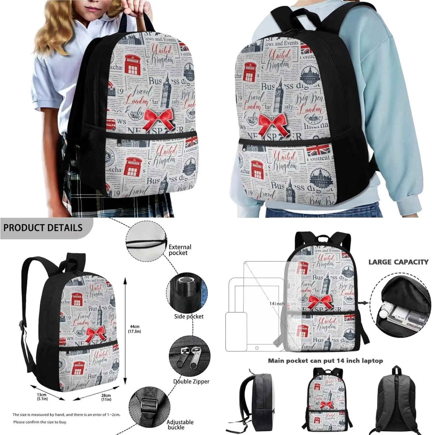 Poceacles School Backpack Set for Kids, 4-Piece Set with School Bag, Insulated Lunch Bag, Bottle Pouch, Stationery Organizer, London Elizabeth Tower Big Ben British Flag Newspaper Print
