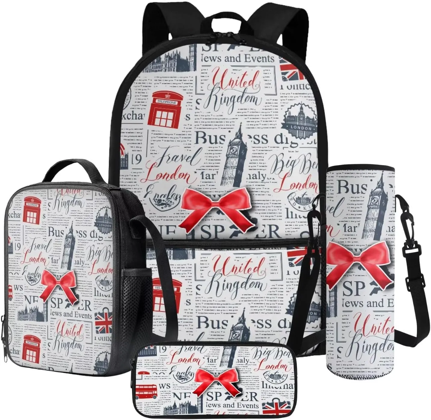 Poceacles School Backpack Set for Kids, 4-Piece Set with School Bag, Insulated Lunch Bag, Bottle Pouch, Stationery Organizer, London Elizabeth Tower Big Ben British Flag Newspaper Print