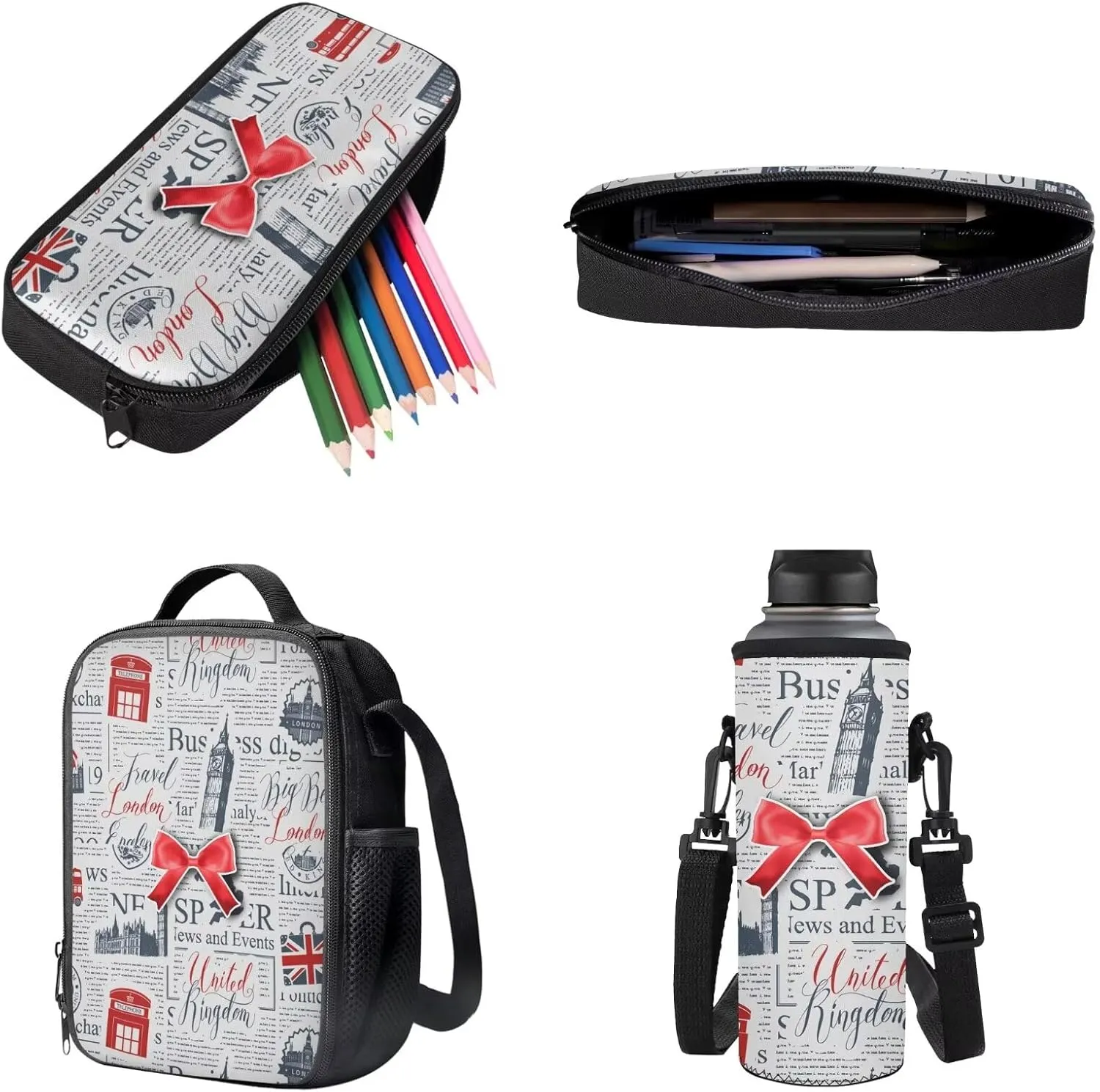 Poceacles School Backpack Set for Kids, 4-Piece Set with School Bag, Insulated Lunch Bag, Bottle Pouch, Stationery Organizer, London Elizabeth Tower Big Ben British Flag Newspaper Print