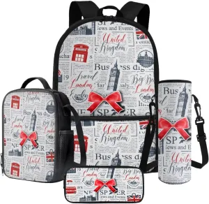 Poceacles School Backpack Set for Kids, 4-Piece Set with School Bag, Insulated Lunch Bag, Bottle Pouch, Stationery Organizer, London Elizabeth Tower Big Ben British Flag Newspaper Print