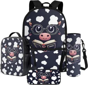 Poceacles School Bag for Girls Boys, 4 Pcs Backpack Schoolbag Book Bag Lightweight Rucksack with Lunch Bag Pencil Case Water Bottle Carrier for School Day Trips Vacation, Book Cow Print
