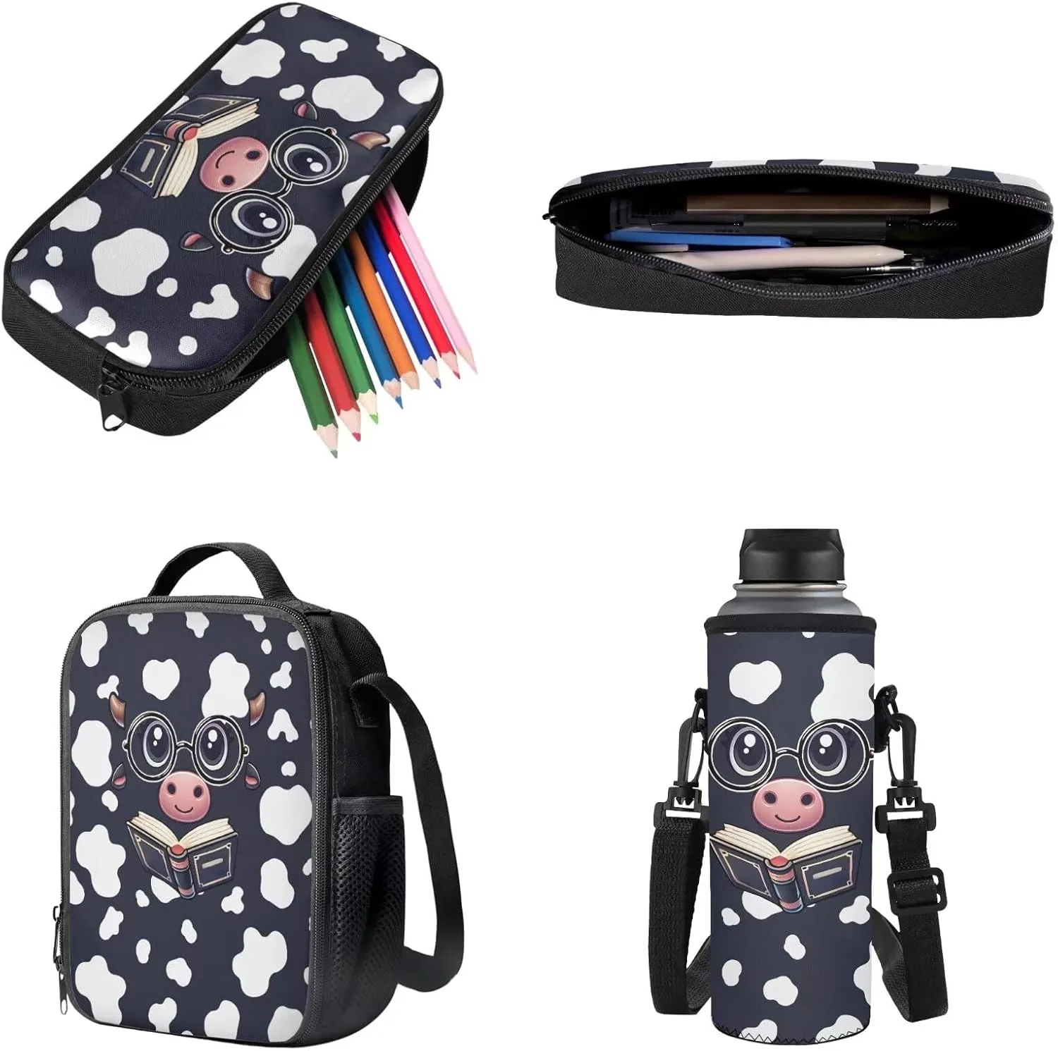 Poceacles School Bag for Girls Boys, 4 Pcs Backpack Schoolbag Book Bag Lightweight Rucksack with Lunch Bag Pencil Case Water Bottle Carrier for School Day Trips Vacation, Book Cow Print