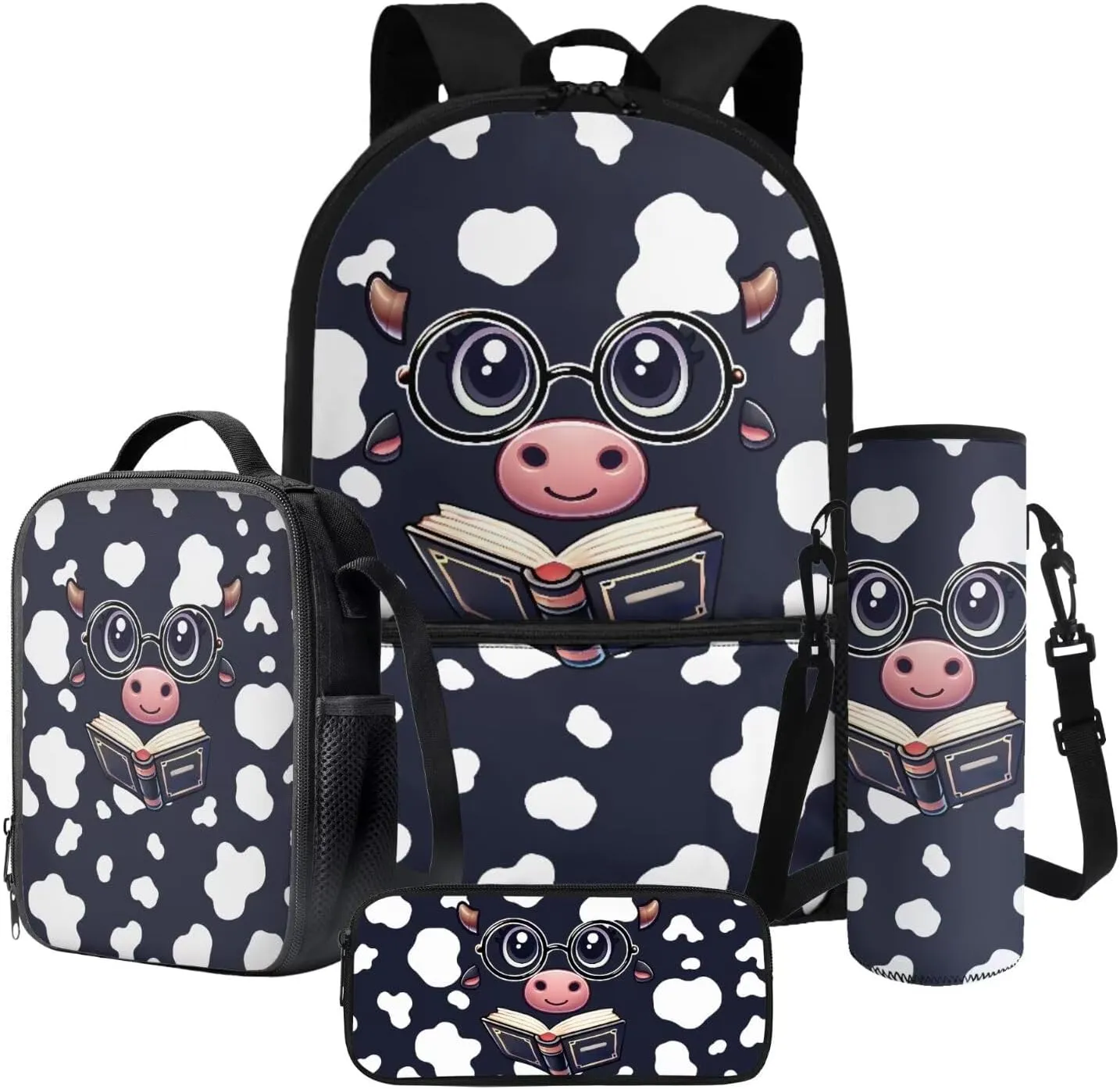 Poceacles School Bag for Girls Boys, 4 Pcs Backpack Schoolbag Book Bag Lightweight Rucksack with Lunch Bag Pencil Case Water Bottle Carrier for School Day Trips Vacation, Book Cow Print