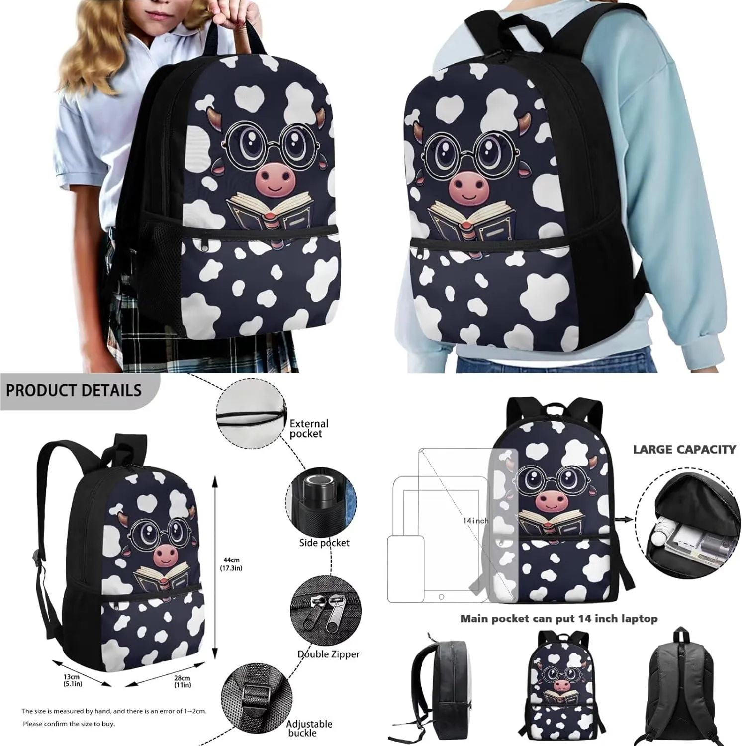Poceacles School Bag for Girls Boys, 4 Pcs Backpack Schoolbag Book Bag Lightweight Rucksack with Lunch Bag Pencil Case Water Bottle Carrier for School Day Trips Vacation, Book Cow Print
