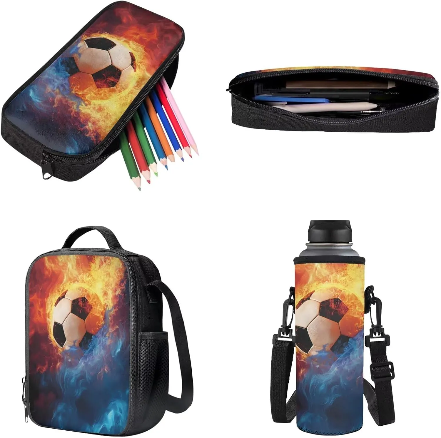Poceacles School Bag Set 4-Piece Students Backpack Set with Lunchbag Bottle Sleeve, Pencil Case for Kids Boys Girls, Ideal for Primary, Middle, Secondary School, Blue Orange Flame Football Soccer