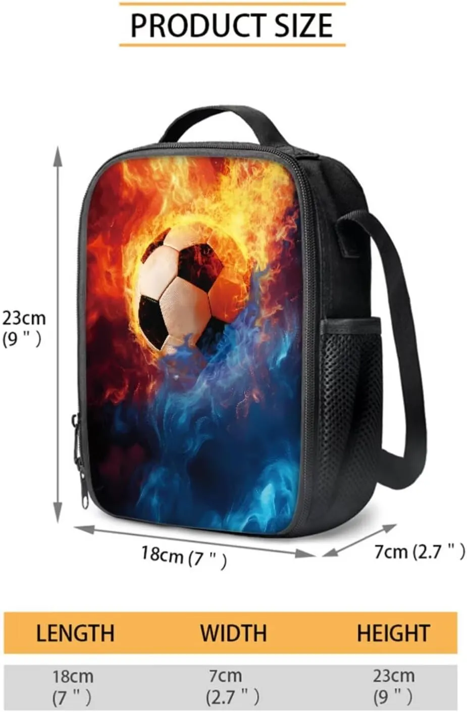 Poceacles School Bag Set 4-Piece Students Backpack Set with Lunchbag Bottle Sleeve, Pencil Case for Kids Boys Girls, Ideal for Primary, Middle, Secondary School, Blue Orange Flame Football Soccer