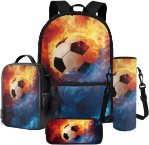 Poceacles School Bag Set 4-Piece Students Backpack Set with Lunchbag Bottle Sleeve, Pencil Case for Kids Boys Girls, Ideal for Primary, Middle, Secondary School, Blue Orange Flame Football Soccer