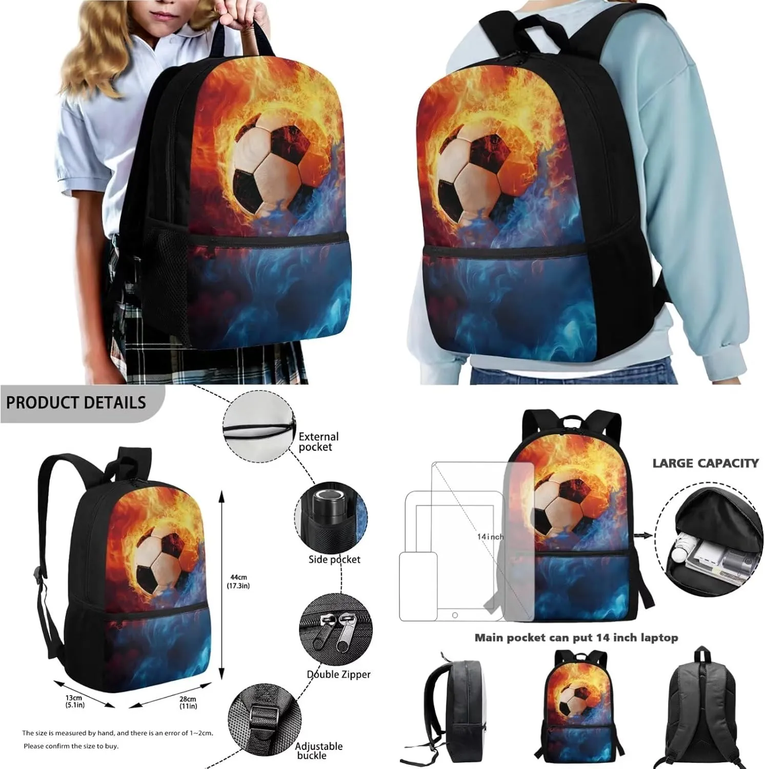Poceacles School Bag Set 4-Piece Students Backpack Set with Lunchbag Bottle Sleeve, Pencil Case for Kids Boys Girls, Ideal for Primary, Middle, Secondary School, Blue Orange Flame Football Soccer